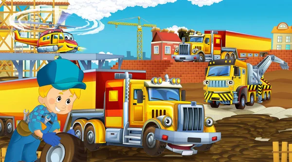 Escena de dibujos animados con coches de la industria en el sitio de construcción y helicóptero volador y avión - ilustración para los niños — Foto de Stock