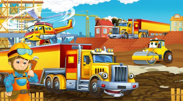 Escena de dibujos animados con coches de la industria en el sitio de construcción y helicóptero volador y avión - ilustración para los niños — Foto de Stock