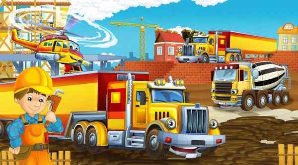 Escena de dibujos animados con coches de la industria en el sitio de construcción y helicóptero volador y avión - ilustración para los niños — Foto de Stock