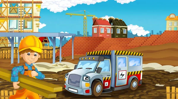 Scena dei cartoni animati con auto del settore in cantiere - illustrazione per bambini — Foto Stock