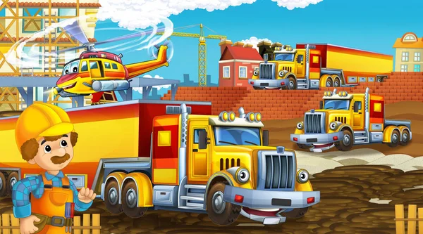 Zeichentrickszene mit Industrieautos auf der Baustelle und fliegendem Hubschrauber und Flugzeug - Illustration für Kinder — Stockfoto