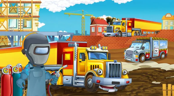 Tecknad scen med industribilar på byggarbetsplatsen - illustration för barn — Stockfoto