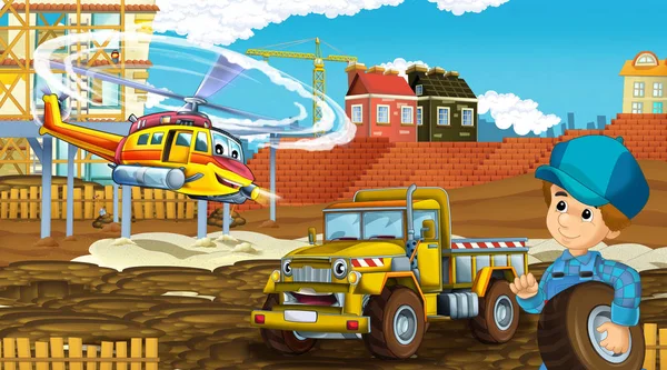 İnşaat alanında endüstri arabaları, uçan helikopter ve uçak sahnesi - çocuklar için illüstrasyon — Stok fotoğraf