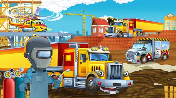 Scena kreskówek z samochodami przemysłowymi na placu budowy oraz latającym helikopterem i samolotem - ilustracja dla dzieci — Zdjęcie stockowe