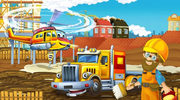 건축 현장에 자동차 공업용 자동차가 있고, 어린이를 위한 헬리콥터와 비행기 삽화가 있는 만화 장면 — 스톡 사진