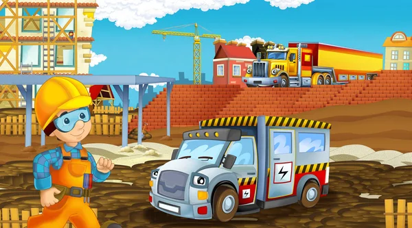 Scena dei cartoni animati con auto del settore in cantiere - illustrazione per bambini — Foto Stock