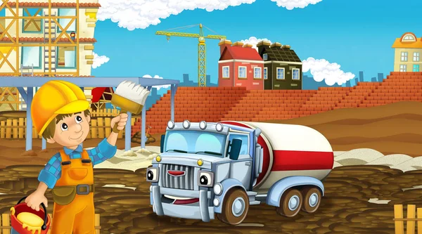 Scena dei cartoni animati con auto del settore in cantiere - illustrazione per bambini — Foto Stock