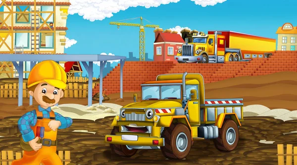 Escena de dibujos animados con coches de la industria en el sitio de construcción - ilustración para los niños — Foto de Stock