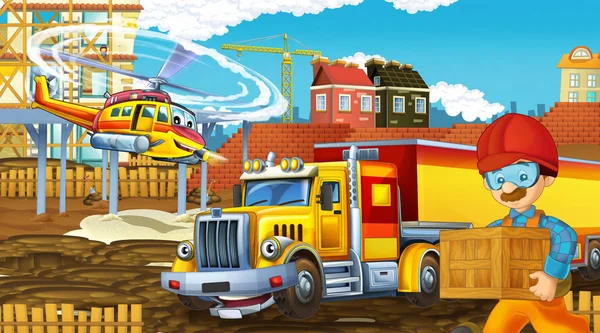 Cartoon scene met industrie auto 's op de bouwplaats en vliegende helikopter en vliegtuig - illustratie voor kinderen — Stockfoto