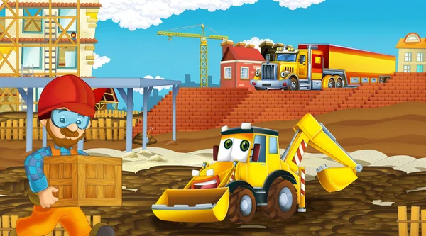 Scena dei cartoni animati con auto del settore in cantiere - illustrazione per bambini — Foto Stock