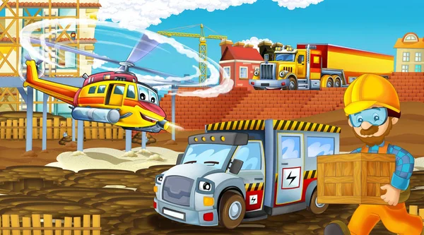 建設現場や飛行ヘリコプターや飛行機の業界車と漫画シーン-子供のためのイラスト — ストック写真