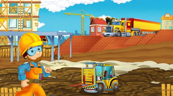Scena kreskówek z samochodami przemysłowymi na placu budowy - ilustracja dla dzieci — Zdjęcie stockowe
