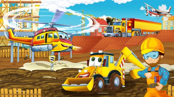 Scena dei cartoni animati con auto del settore in cantiere e elicottero volante e aereo - illustrazione per bambini — Foto Stock