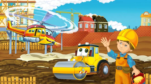 Scena dei cartoni animati con auto del settore in cantiere e elicottero volante e aereo - illustrazione per bambini — Foto Stock