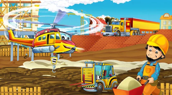 Scena dei cartoni animati con auto del settore in cantiere e elicottero volante e aereo - illustrazione per bambini — Foto Stock