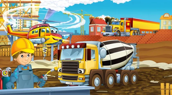 cartoon scene with industry cars on construction site and flying helicopter and plane - illustration for children