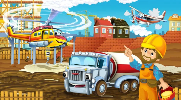 Scena dei cartoni animati con auto del settore in cantiere e elicottero volante e aereo - illustrazione per bambini — Foto Stock