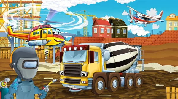 Escena de dibujos animados con coches de la industria en el sitio de construcción y helicóptero volador y avión - ilustración para los niños — Foto de Stock