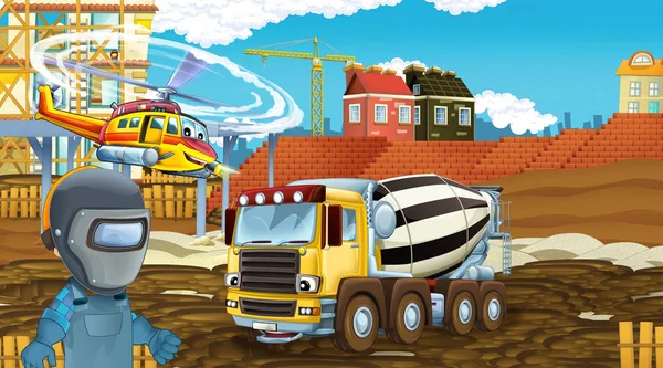 Escena de dibujos animados con coches de la industria en el sitio de construcción y helicóptero volador y avión - ilustración para los niños —  Fotos de Stock