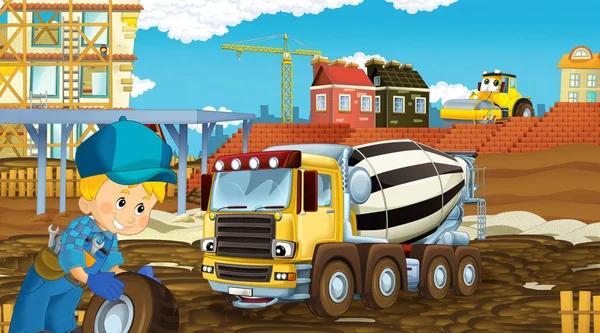 Scena dei cartoni animati con auto del settore in cantiere - illustrazione per bambini — Foto Stock