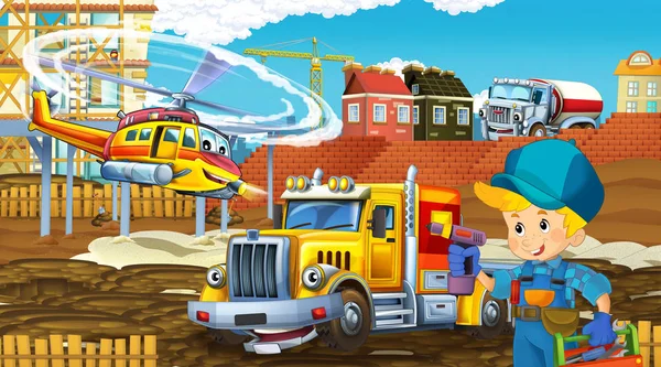 Scena dei cartoni animati con auto del settore in cantiere e elicottero volante e aereo - illustrazione per bambini — Foto Stock