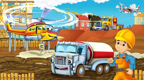 Scena dei cartoni animati con auto del settore in cantiere e elicottero volante e aereo - illustrazione per bambini — Foto Stock