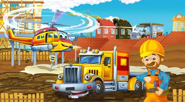 Мультипликационная сцена с промышленными автомобилями на строительной площадке и летающим вертолетом и самолетом - иллюстрация для детей — стоковое фото