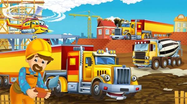 Cartoon scene met industrie auto 's op de bouwplaats en vliegende helikopter en vliegtuig - illustratie voor kinderen — Stockfoto