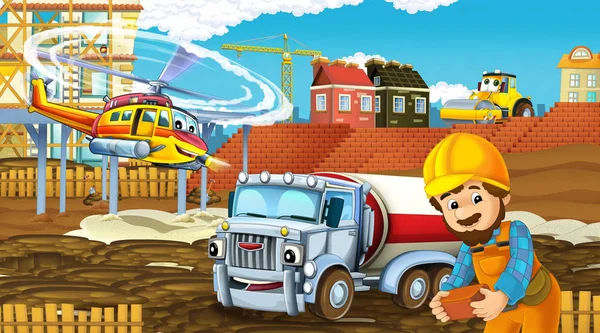 Scena dei cartoni animati con auto del settore in cantiere e elicottero volante e aereo - illustrazione per bambini — Foto Stock