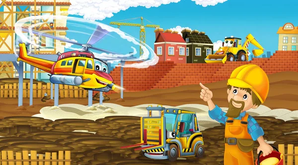 Cartoon scene met industrie auto 's op de bouwplaats en vliegende helikopter en vliegtuig - illustratie voor kinderen — Stockfoto