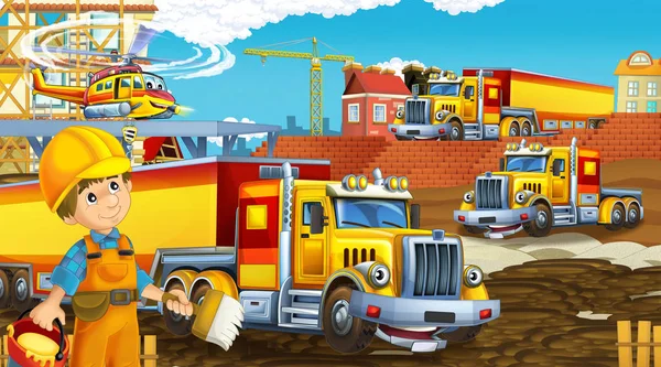 Kreslená scéna s průmyslovými automobily na staveništi a létající vrtulník a letadlo - ilustrace pro děti — Stock fotografie
