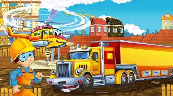 Cartoon scene met industrie auto 's op de bouwplaats en vliegende helikopter en vliegtuig - illustratie voor kinderen — Stockfoto