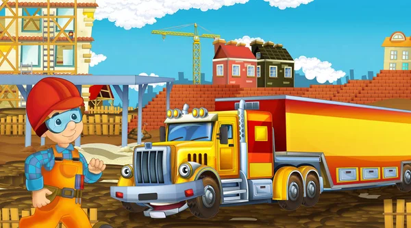 Scena dei cartoni animati con auto del settore in cantiere - illustrazione per bambini — Foto Stock