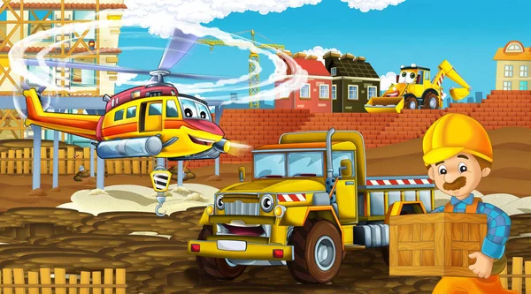 Scena dei cartoni animati con auto del settore in cantiere e elicottero volante e aereo - illustrazione per bambini — Foto Stock