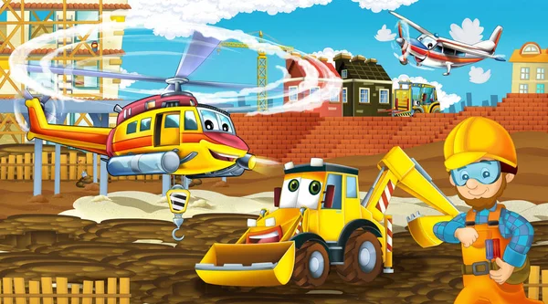 Cartoon scene met industrie auto 's op de bouwplaats en vliegende helikopter en vliegtuig - illustratie voor kinderen — Stockfoto