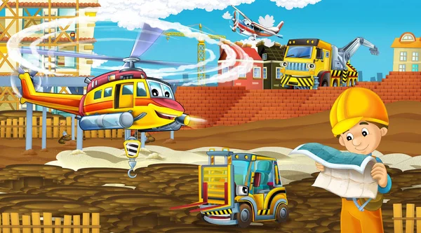 Scena dei cartoni animati con auto del settore in cantiere e elicottero volante e aereo - illustrazione per bambini — Foto Stock