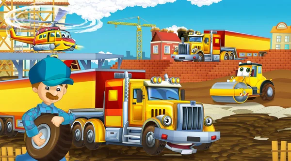 Zeichentrickszene mit Industrieautos auf der Baustelle und fliegendem Hubschrauber und Flugzeug - Illustration für Kinder — Stockfoto