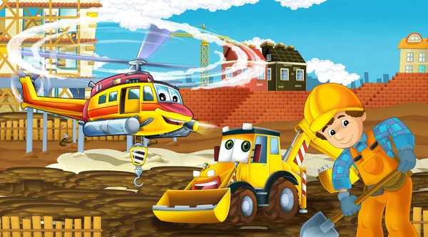 Cartoon scene met industrie auto 's op de bouwplaats en vliegende helikopter en vliegtuig - illustratie voor kinderen — Stockfoto