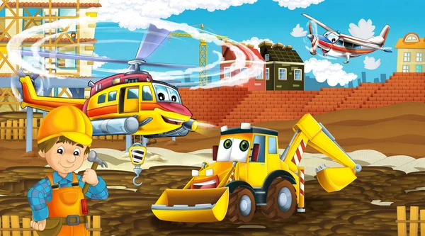 Scena dei cartoni animati con auto del settore in cantiere e elicottero volante e aereo - illustrazione per bambini — Foto Stock