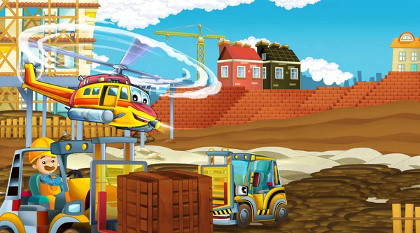 Escena de dibujos animados con coches de la industria en el sitio de construcción y helicóptero volador y avión - ilustración para los niños —  Fotos de Stock