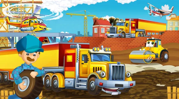 Scena kreskówek z samochodami przemysłowymi na placu budowy oraz latającym helikopterem i samolotem - ilustracja dla dzieci — Zdjęcie stockowe