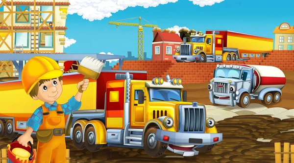 Escena de dibujos animados con coches de la industria en el sitio de construcción - ilustración para los niños — Foto de Stock