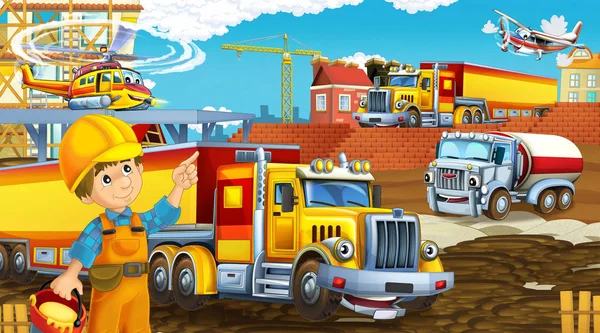 Zeichentrickszene mit Industrieautos auf der Baustelle und fliegendem Hubschrauber und Flugzeug - Illustration für Kinder — Stockfoto