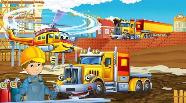 Zeichentrickszene mit Industrieautos auf der Baustelle und fliegendem Hubschrauber und Flugzeug - Illustration für Kinder — Stockfoto