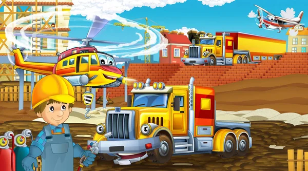 Escena de dibujos animados con coches de la industria en el sitio de construcción y helicóptero volador y avión - ilustración para los niños — Foto de Stock