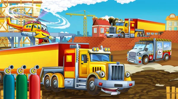 Escena de dibujos animados con coches de la industria en el sitio de construcción y helicóptero volador y avión - ilustración para los niños —  Fotos de Stock