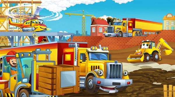 Escena de dibujos animados con coches de la industria en el sitio de construcción y helicóptero volador y avión - ilustración para los niños —  Fotos de Stock