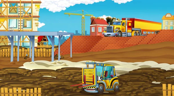 Kreslená scéna s průmyslovými automobily na staveništi - ilustrace pro děti — Stock fotografie