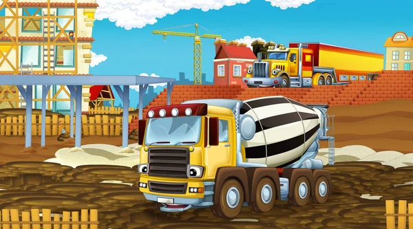 Escena de dibujos animados con coches de la industria en el sitio de construcción - ilustración para los niños —  Fotos de Stock