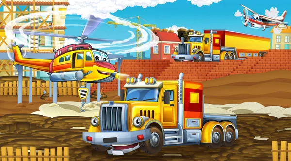 Rajzfilm jelenet ipari autók az építési területen és repülő helikopter - illusztráció gyerekeknek — Stock Fotó
